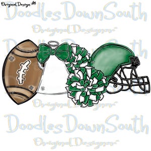 Puede incluir: Ilustración digital de un balón de fútbol americano, un lazo de animadora, pompones y un casco de fútbol americano. El balón es marrón con detalles blancos. El lazo y los pompones son verdes y blancos. El casco es verde con una máscara negra.