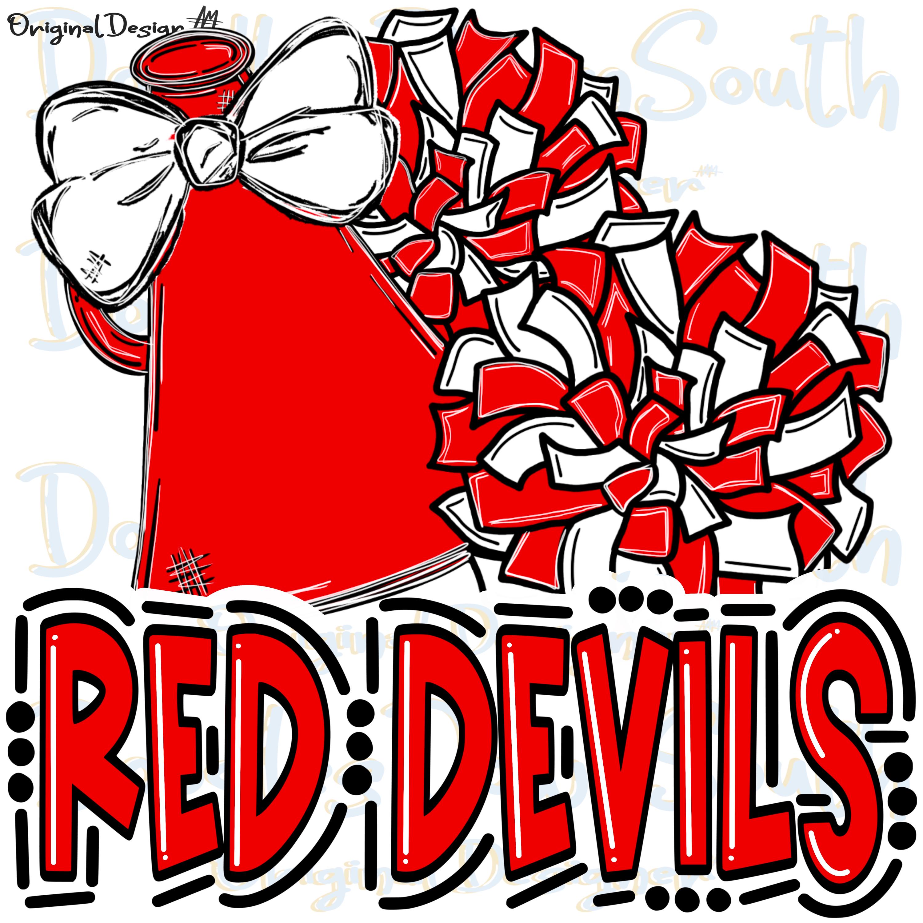 RED DEVILS - Cheer Pompoms Megaphone Mascot - Doodle Letters - Dtf ...