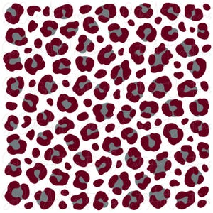 May include: A seamless pattern featuring a white background with burgundy and gray leopard spots.