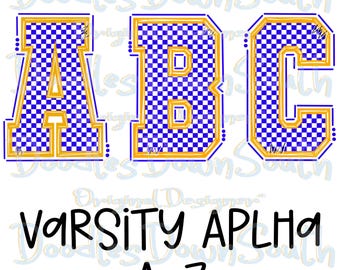 Varsity Font Clipart – Royal Blue, Gold, Checkerboard (PNG Digital Download)