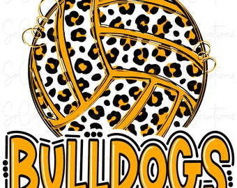 Può includere: Una pallavolo gialla con un designo a stampa leopardo nero. La pallavolo è su uno sfondo bianco con la parola "BULLDOGS" in lettere gialle.