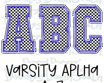 Varsity Font Alpha A-Z - Royal Blue Checker - DTF Sublimation PNG (Digital Artwork)