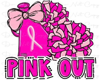 Pink Out Breast Cancer Cheer PNG: PomPoms, Megaphone, Bow (Digital Artwork)