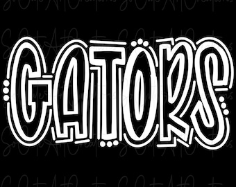 May include: White text on a black background that reads "GATORS" in a stylized font.