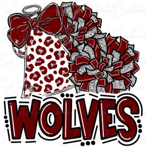 Op de afbeelding: Een rood-wit cheerleading ontwerp met een megafoon met luipaardprint, een rode en zilveren pompon en het woord "WOLVES" in rood.
