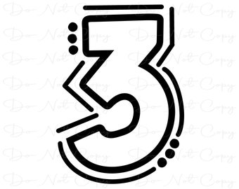 May include: A black and white outline of the number three. The number is drawn with thick lines and has a rounded, stylized design.