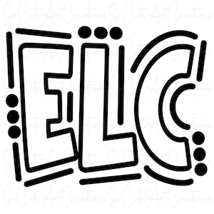 May include: Black and white graphic design of the letters ELC. The letters are outlined in thick black lines and have a bold, stylized look.