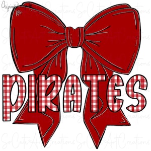 Puede incluir: Lazo rojo con un patrón de cuadros blancos y rojos que dice "PIRATES" en letras blancas.