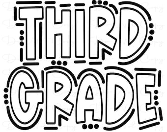 May include: Black and white outline illustration of the words "THIRD GRADE" in a playful, stylized font.