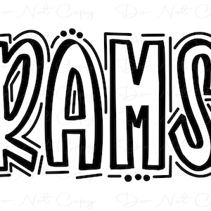 Könnte beinhalten: Schwarzweißes Grafikdesign des Wortes "RAMS" in einer fetten, stilisierten Schrift.