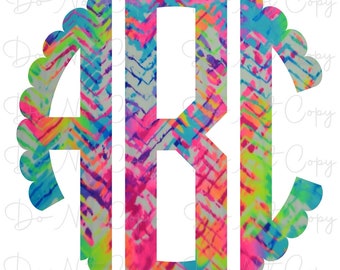 May include: A monogram design with the letters A, B, and C in a white circle with a scalloped edge. The letters are filled with a colorful, abstract pattern of pink, blue, green, and yellow.