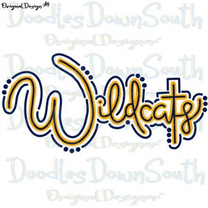 May include: A graphic design of the word "Wildcats" in a stylized font. The word is outlined in navy blue and gold, with a dotted border. The design is on a white background.