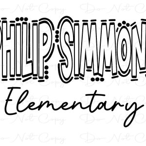 May include: Black and white text graphic that reads "Philip Simmons Elementary".