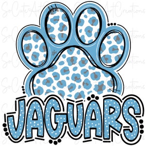 Op de afbeelding: Blauwe pootafdruk met een wit en grijs luipaardmotief. Het woord "JAGUARS" is geschreven in blauwe letters met witte stippen.