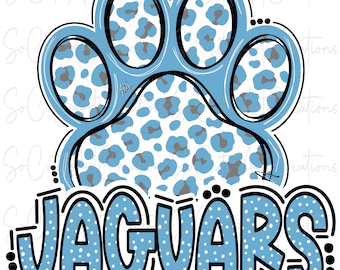 May include: Blue paw print with a white and grey leopard print design. The word "JAGUARS" is written in blue letters with white polka dots.