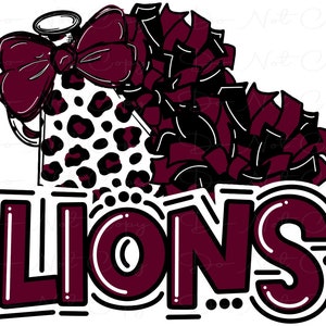 LIONS - Cheer PomPoms Megaphone Mascot - Black and Maroon - Doodle Letters - Sublimation PNG - Digital Artwork