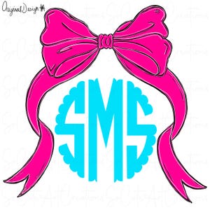 May include: A pink bow with a large, blue circle monogram with the letters "SMS" in white.