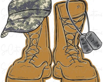 May include: A pair of brown leather boots with laces and a camouflage hat. The boots have dog tags hanging from them.
