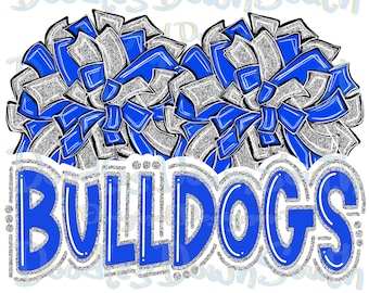 Può includere: Un design grafico con due pompon da cheerleader blu e argento, con la parola "BULLDOGS" in blu con un contorno glitterato argento. Il design ha uno sfondo bianco.