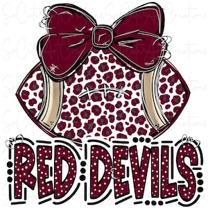 May include: A maroon and white football with a leopard print design and a maroon bow on top. The text "RED DEVILS" is written in maroon with white polka dots.