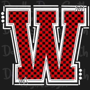 May include: A bold, stylized letter "W" in a square format. The letter is filled with a red and black checkered pattern and outlined in white. The background is black, with white decorative elements.