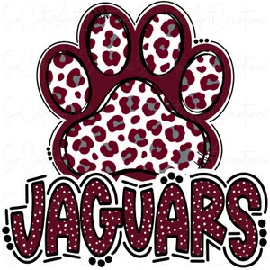 Op de afbeelding: Een kastanjebruine pootafdruk met een luipaardprint en het woord "JAGUARS" in witte letters met een wit stippenpatroon.