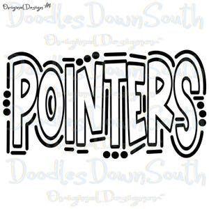 Puede incluir: Diseño gráfico en blanco y negro de la palabra "POINTERS" en una fuente audaz y estilizada. Las letras están delineadas con gruesas líneas negras, y la palabra está centrada sobre un fondo blanco. El diseño tiene un aspecto juguetón y de dibujos animados.