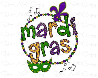 May include: Mardi Gras themed design with the words "mardi gras" in a circle of purple, green, and gold beads. A purple fleur-de-lis and a green and gold mask are also included in the design.