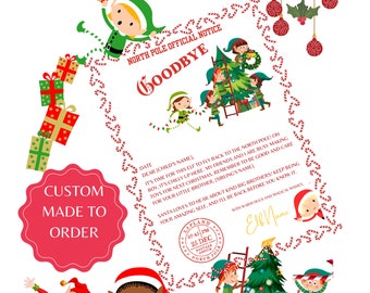 May include: A Christmas-themed letter with elves, gifts, and a Christmas tree. The text reads "Elf Farewell Letter" and "Goodbye." A red circle with the text "Custom Made to Order" is also present.