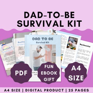 Può includere: Un prodotto digitale per i neo papà, intitolato "Dad to Be Survival Kit". La copertina presenta un'illustrazione a fumetti di un uomo in una cucina, circondato da carte. Il prodotto è disponibile come ebook PDF e ha 25 pagine. Il testo "FUN EBOOK GIFT" è visualizzato in un cerchio viola.
