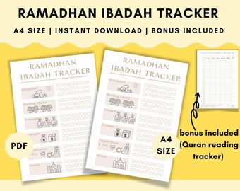 Printable Ramadan Ibadah Tracker with Quran Reading Bonus (A4, Digital Download)
