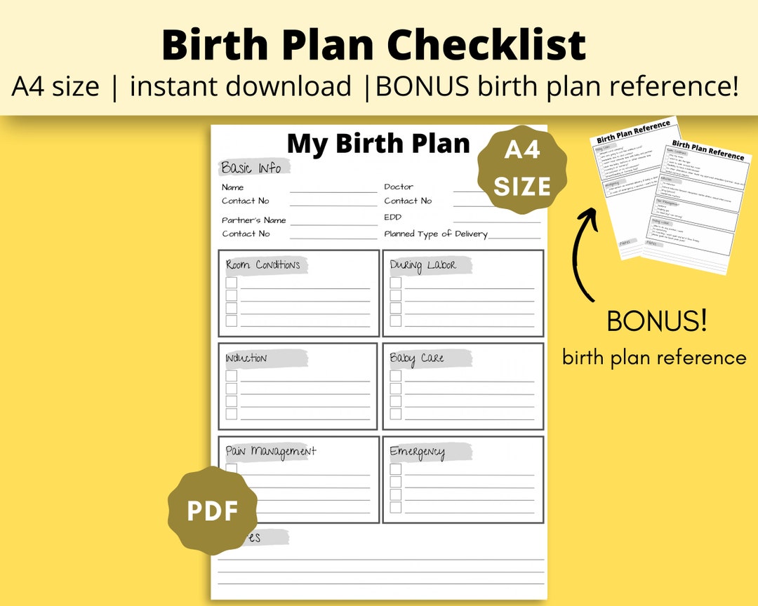 Printable Birth Plan Checklist Maternity Plan, Pregnancy Planner, Birth ...