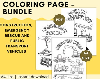 Paquete de páginas para colorear de vehículos: Construcción, Rescate, Transporte (PDF)
