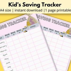 Printable Kids Saving Tracker planning Saving Goal chart for kids allowance saving challenge log money saving management planner tracker