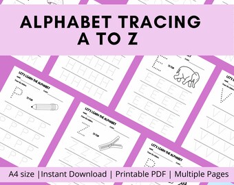 May include: A set of printable alphabet tracing worksheets for kids. Each page features a letter of the alphabet, a dotted line for tracing, and an illustration of an object that starts with that letter. The worksheets are labeled "Let's Learn the Alphabet".