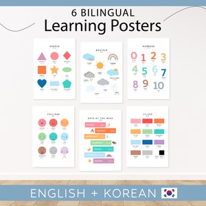 6 carteles educativos bilingües en coreano / Carteles para aprender coreano / Juego de 6 carteles educativos / Imprimibles para la educación en el hogar / Descarga digital