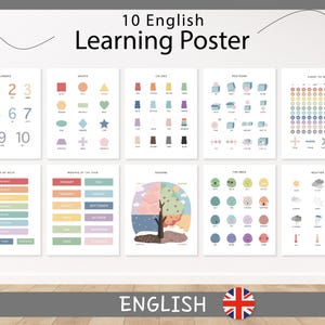 10 carteles educativos en inglés / Juego de 10 carteles educativos / Imprimibles Montessori para la educación en el hogar / Clima, colores, posiciones, números, estaciones