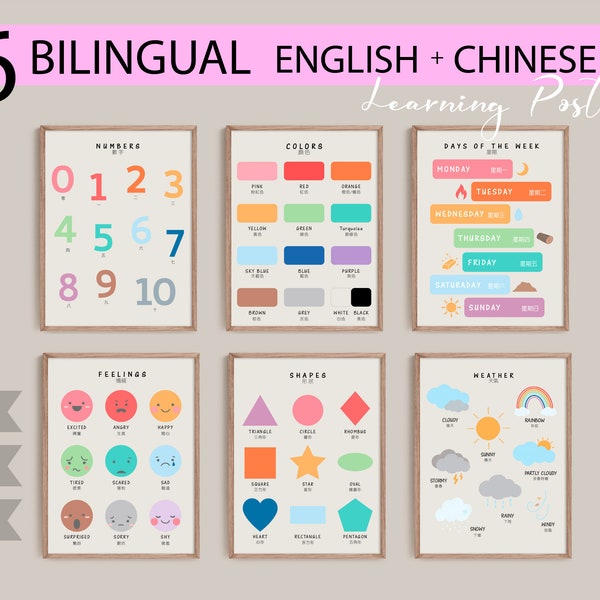 6 Zweisprachige Chinesische Lernposter | Chinesisch lernen Poster | Set aus 6 Lernpostern | Homeschool Ausdrucke | Digitaler Download