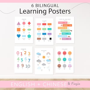 6 carteles educativos bilingües en chino / Carteles para aprender chino / Juego de 6 carteles educativos / Imprimibles para la educación en el hogar / Descarga digital