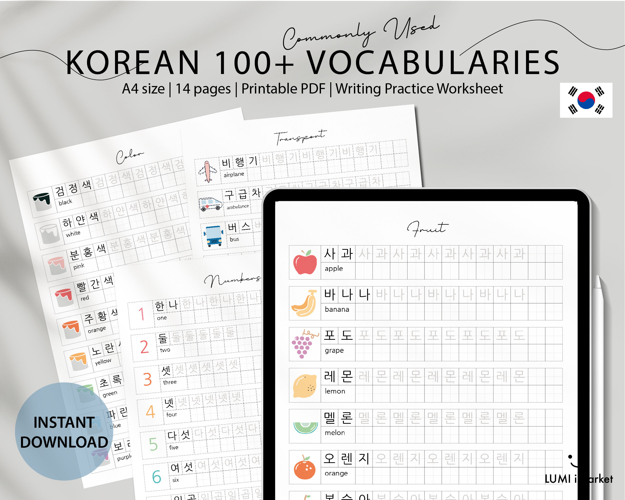 100 Korean Words Writing Practice Sheet Hangul Vocabulary Worksheet ...