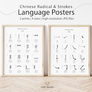 Póster de aprendizaje de trazos chinos y radicales chinos / Póster educativo / Impresiones de idiomas / Descarga digital / Arte mural para aprender idiomas