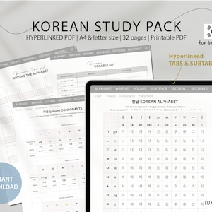 Korean Hangul Study Pack | Korean for beginners|Hyperlinked Learning Digital Planner|Vocabulary Workbook|Korean Study Planner | Learn Korean
