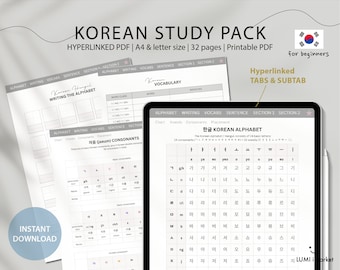Korean Hangul Study Pack | Korean for beginners|Hyperlinked Learning Digital Planner|Vocabulary Workbook|Korean Study Planner | Learn Korean
