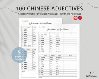 May include: A digital PDF document titled "100 Chinese Adjectives" with a white background. The document includes a list of Chinese vocabulary words with their English translations and Pinyin. The text is in black, and the document is labeled as A4 size, printable, and for digital note apps.