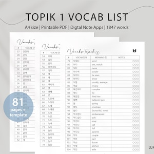 Könnte beinhalten: Ein schwarz-weißes druckbares PDF-Dokument mit dem Titel "TOPIK 1 VOCAB LIST" und dem Text "A4 size | Printable PDF | Digital Note Apps | 1847 words". Das Dokument enthält eine Liste koreanischer Vokabeln mit ihren englischen Übersetzungen und Notizen.