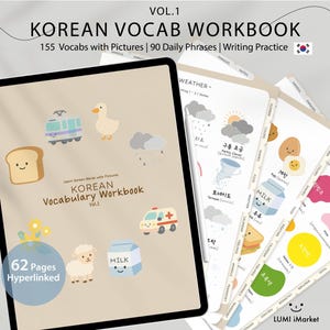 Puede incluir: Un cuaderno de vocabulario coreano, Vol. 1, con 62 páginas con hipervínculos. La portada presenta ilustraciones de un tren, un pato, nubes, pan, una ambulancia, una oveja y un cartón de leche. El cuaderno incluye 155 palabras de vocabulario con imágenes y 90 frases diarias.