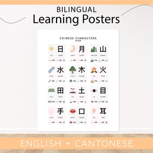 Pictogramme de caractères chinois | Posters éducatifs bilingues anglais cantonais | affiche de classe | École à la maison imprimable | Affiche Montessori