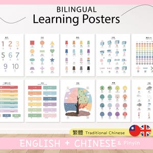 10 carteles educativos bilingües en inglés, chino tradicional y pinyin / Juego de 10 carteles educativos / Imprimibles Montessori para educación en el hogar