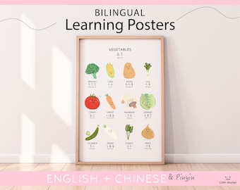 Chinesisch lernen Poster | Poster Gemüse | Zweisprachige Chinesische Lernposter | Homeschool Printables | Digitaler Download | Montessori