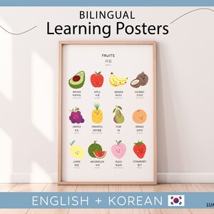 Carteles bilingües de aprendizaje de frutas en inglés coreano / Carteles educativos bilingües / Imprimibles de educación en el hogar / Descarga digital / Montessori